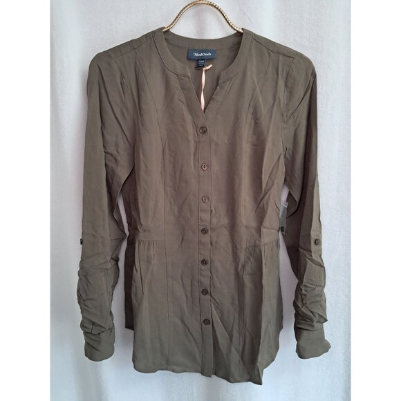 ModCloth Trusty Travel Tie Waist Button Up Top Shirt Olive Green Size XXS - Picture 3 of 12